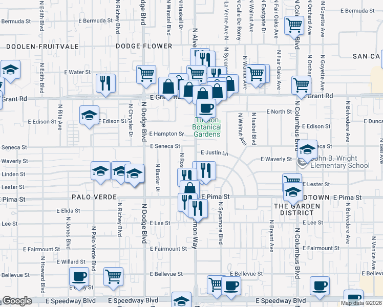 map of restaurants, bars, coffee shops, grocery stores, and more near in Tucson