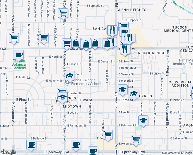 map of restaurants, bars, coffee shops, grocery stores, and more near 2015 North Madelyn Avenue in Tucson