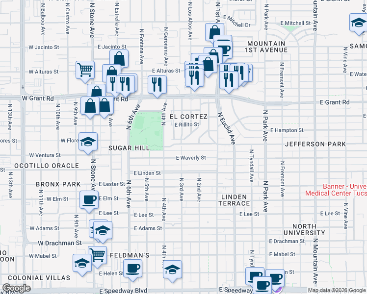map of restaurants, bars, coffee shops, grocery stores, and more near 2102 North 3rd Avenue in Tucson