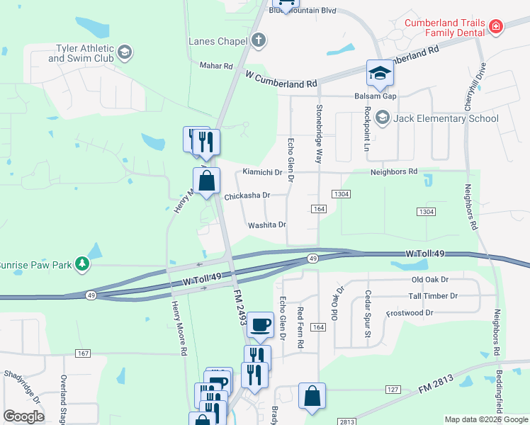 map of restaurants, bars, coffee shops, grocery stores, and more near 16044 Pawnee Drive in Tyler