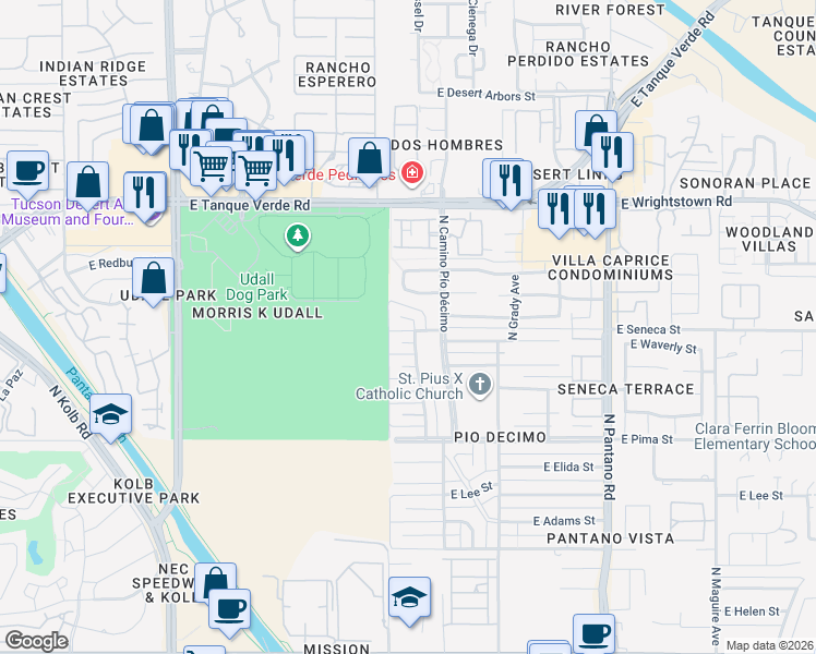 map of restaurants, bars, coffee shops, grocery stores, and more near 2054 North Heatherbrae Circle in Tucson