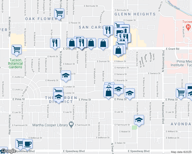 map of restaurants, bars, coffee shops, grocery stores, and more near 4566 East Seneca Street in Tucson