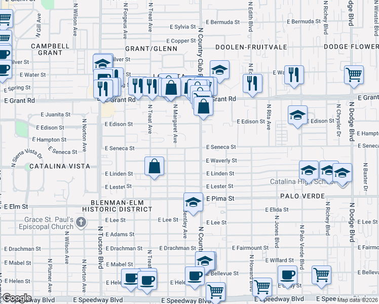 map of restaurants, bars, coffee shops, grocery stores, and more near 2931 East Seneca Street in Tucson