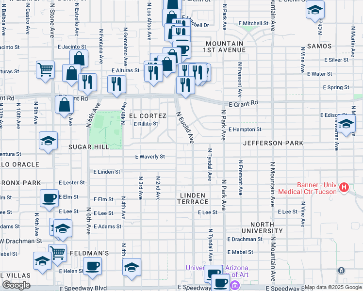 map of restaurants, bars, coffee shops, grocery stores, and more near 2101 North 1st Avenue in Tucson