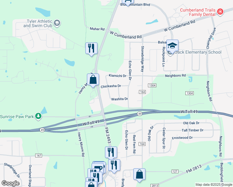 map of restaurants, bars, coffee shops, grocery stores, and more near 16044 Pawnee Drive in Tyler