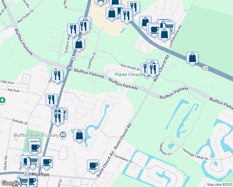 map of restaurants, bars, coffee shops, grocery stores, and more near 4924 Bluffton Parkway in Bluffton