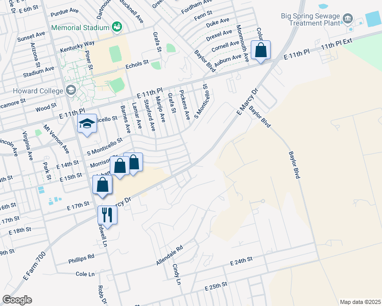 map of restaurants, bars, coffee shops, grocery stores, and more near 2507 Alabama Street in Big Spring