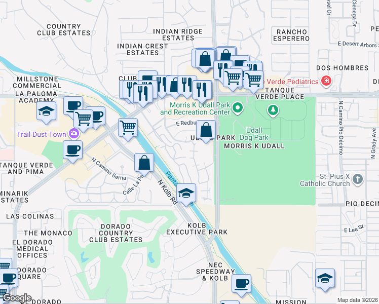 map of restaurants, bars, coffee shops, grocery stores, and more near 2078 North Cam Alicante in Tucson