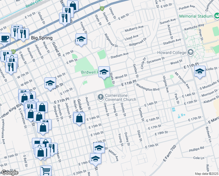 map of restaurants, bars, coffee shops, grocery stores, and more near Young Street in Big Spring