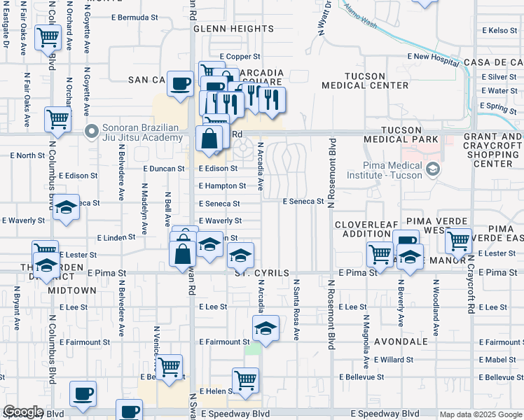 map of restaurants, bars, coffee shops, grocery stores, and more near 2030 N Arcadia Ave in Tucson
