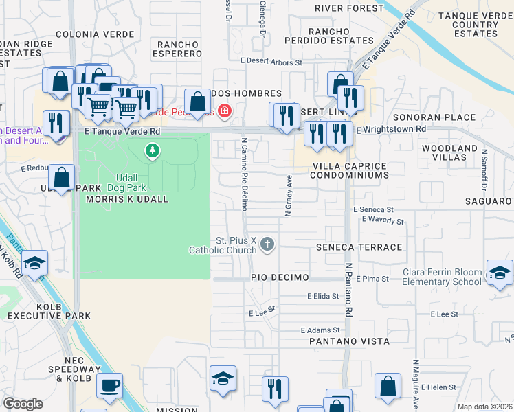map of restaurants, bars, coffee shops, grocery stores, and more near 7641 East Seneca Street in Tucson