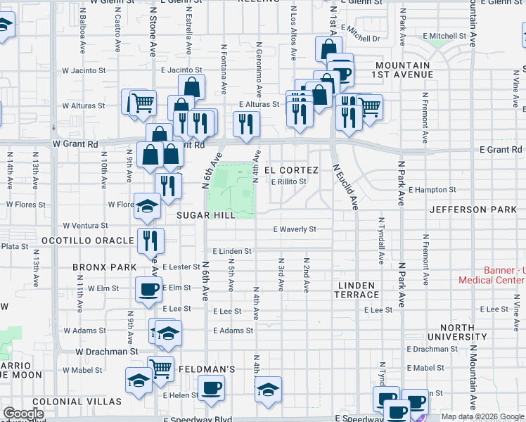 map of restaurants, bars, coffee shops, grocery stores, and more near 2108 North 4th Avenue in Tucson