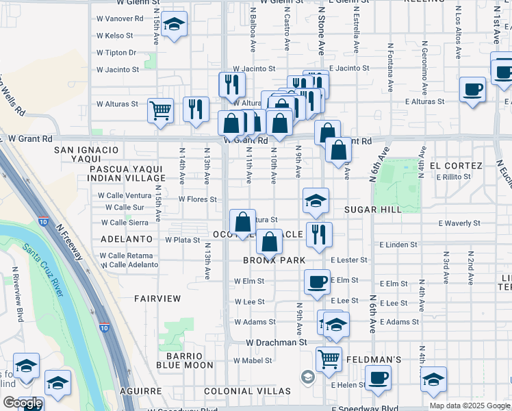 map of restaurants, bars, coffee shops, grocery stores, and more near 254 West Flores Street in Tucson