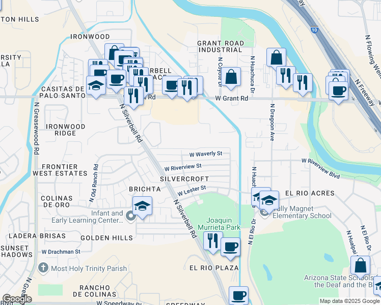 map of restaurants, bars, coffee shops, grocery stores, and more near 1922 West Waverly Street in Tucson