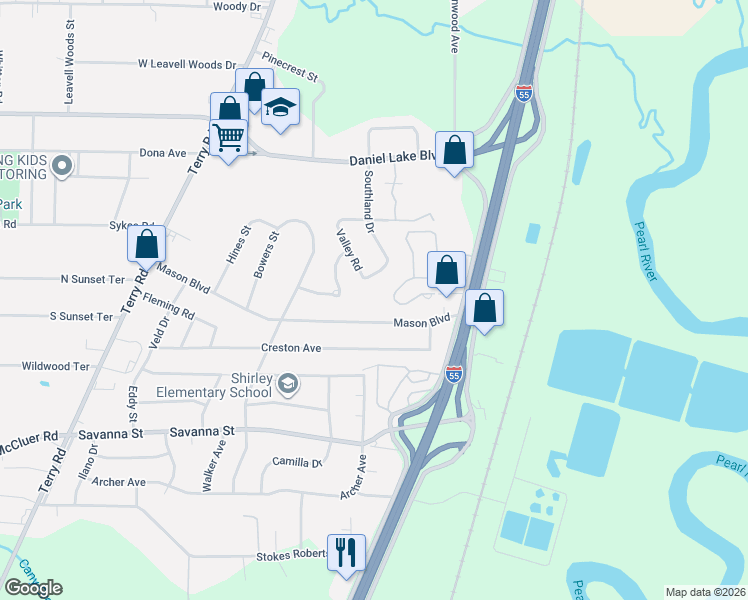 map of restaurants, bars, coffee shops, grocery stores, and more near 100 Covington Park Drive in Jackson