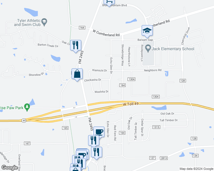 map of restaurants, bars, coffee shops, grocery stores, and more near 16052 Echo Glen Drive in Tyler