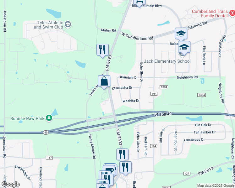 map of restaurants, bars, coffee shops, grocery stores, and more near 16064 Shoshone Drive in Tyler