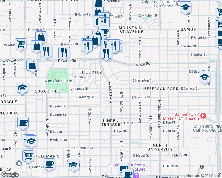 map of restaurants, bars, coffee shops, grocery stores, and more near N Euclid Ave & E Seneca St in Tucson