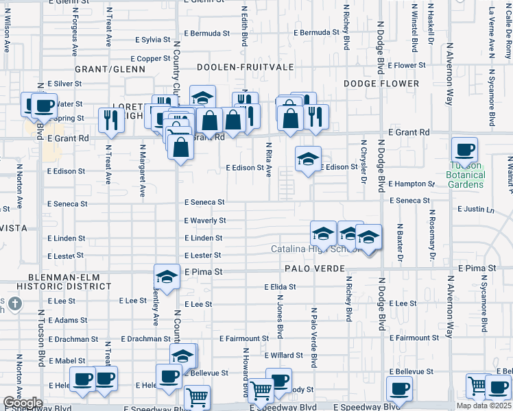 map of restaurants, bars, coffee shops, grocery stores, and more near 3312 East Seneca Street in Tucson