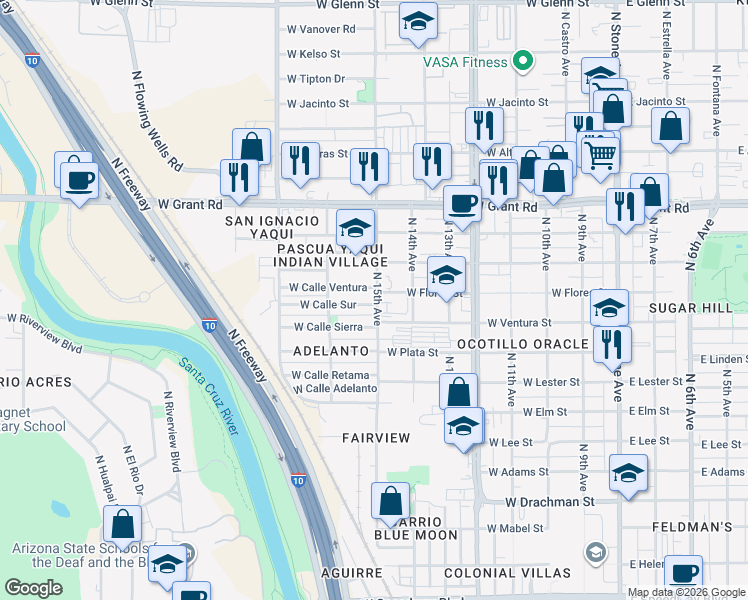 map of restaurants, bars, coffee shops, grocery stores, and more near 628 West Flores Street in Tucson