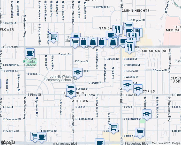 map of restaurants, bars, coffee shops, grocery stores, and more near 4434 East Seneca Street in Tucson