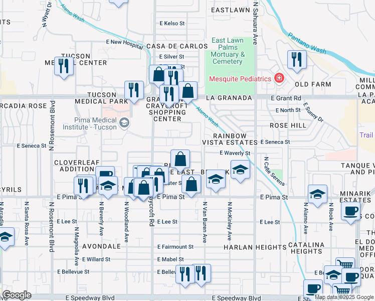 map of restaurants, bars, coffee shops, grocery stores, and more near 5621 East Julius Stravenue in Tucson