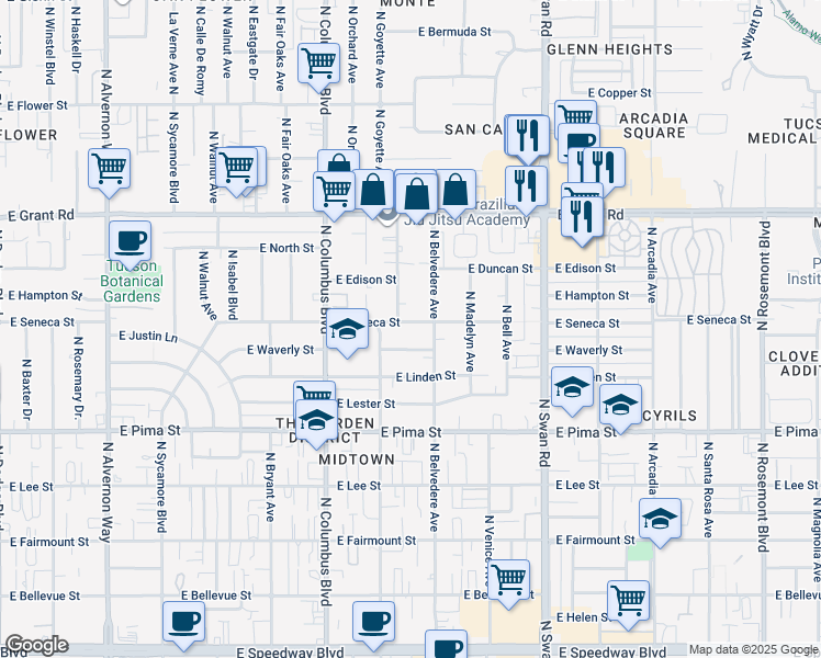 map of restaurants, bars, coffee shops, grocery stores, and more near 4434 East Seneca Street in Tucson