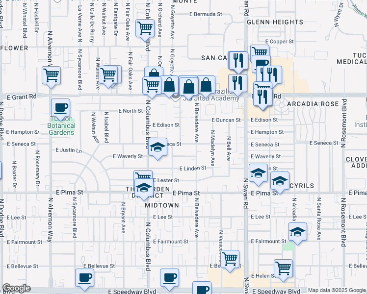 map of restaurants, bars, coffee shops, grocery stores, and more near 4434 East Seneca Street in Tucson