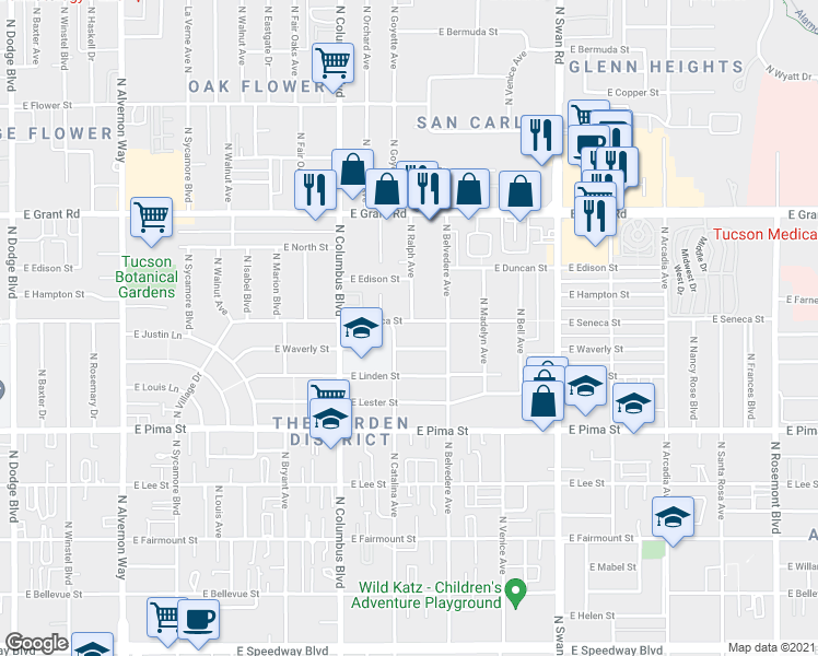 map of restaurants, bars, coffee shops, grocery stores, and more near 4434 East Seneca Street in Tucson