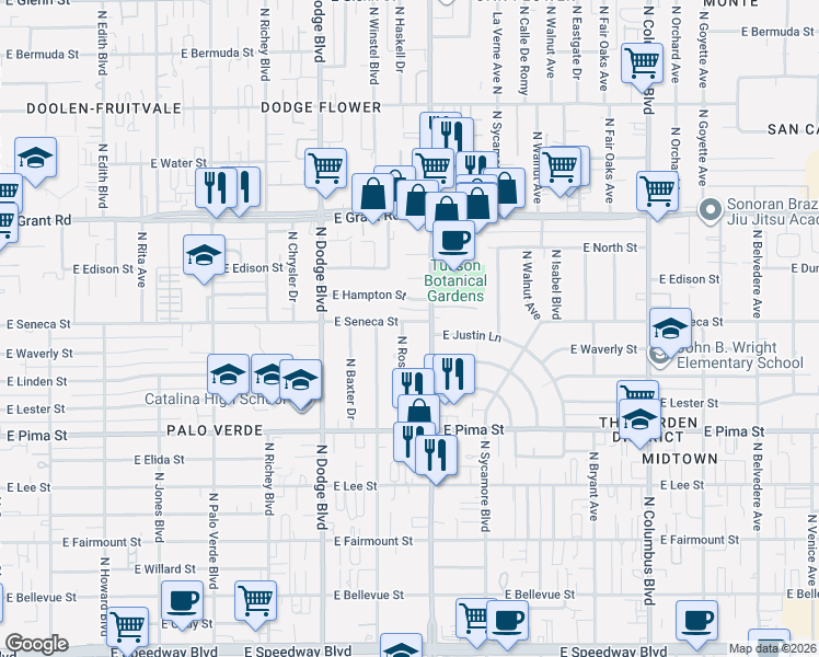 map of restaurants, bars, coffee shops, grocery stores, and more near 2121 North Alvernon Way in Tucson