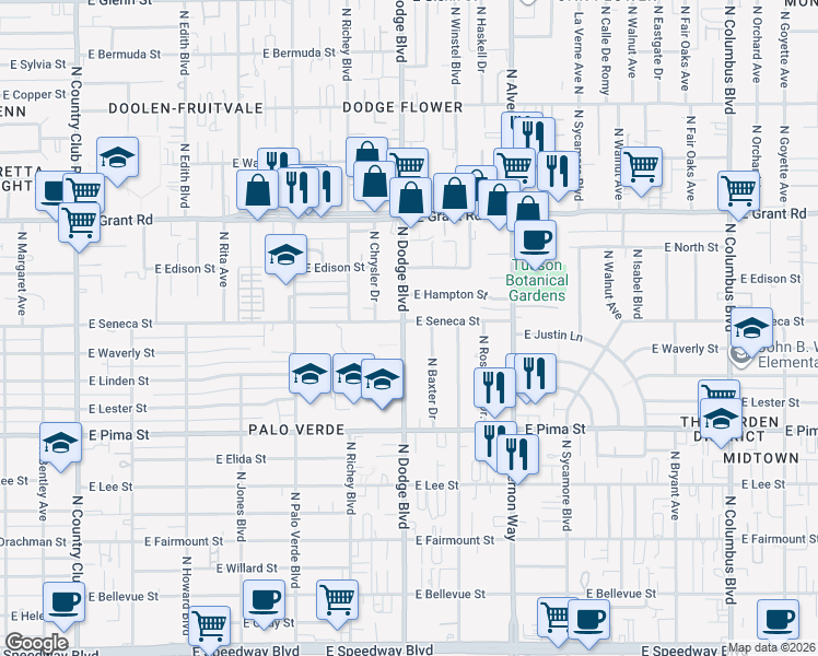 map of restaurants, bars, coffee shops, grocery stores, and more near 2101 North Dodge Boulevard in Tucson