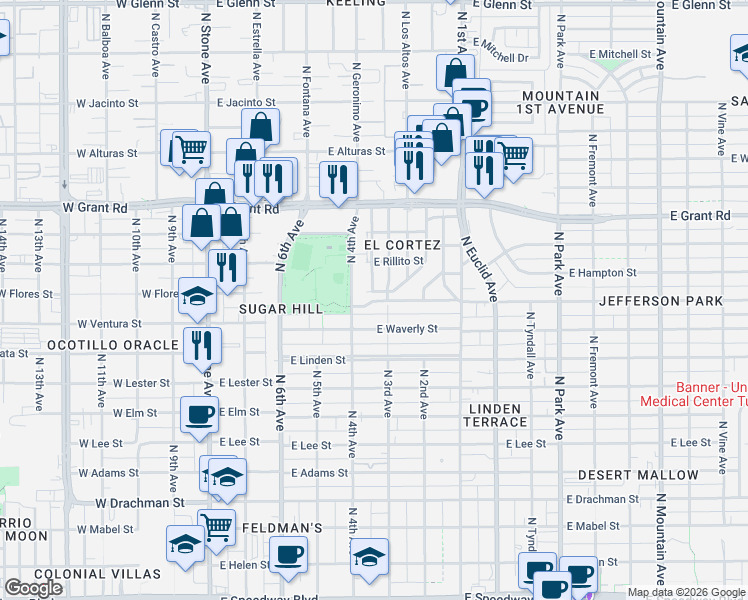 map of restaurants, bars, coffee shops, grocery stores, and more near 2108 North 4th Avenue in Tucson