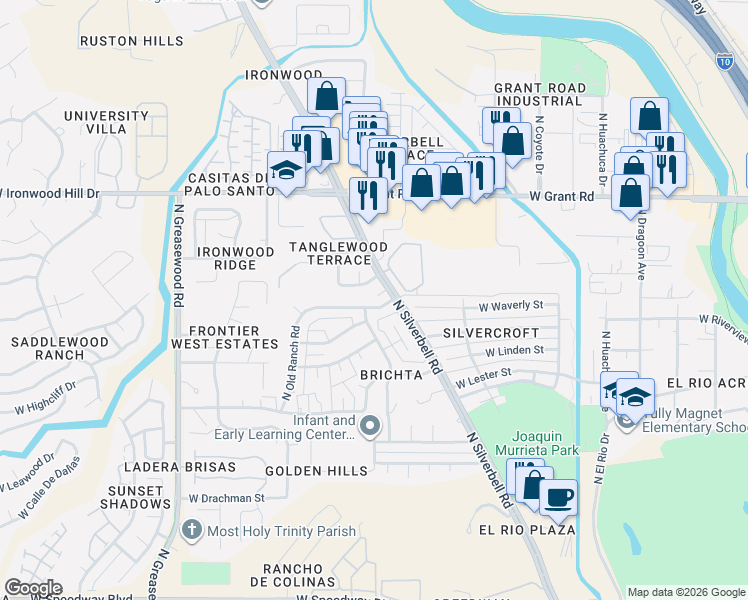 map of restaurants, bars, coffee shops, grocery stores, and more near 2045 North Silverbell Road in Tucson