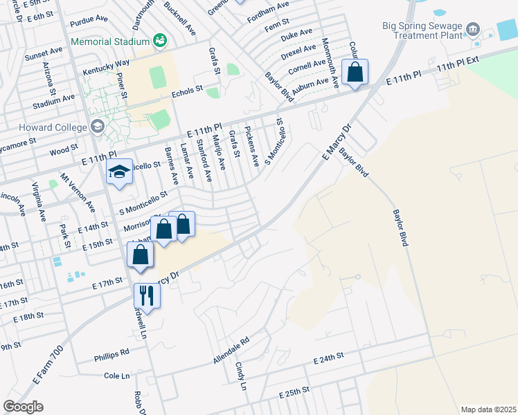 map of restaurants, bars, coffee shops, grocery stores, and more near 2507 Alabama Street in Big Spring