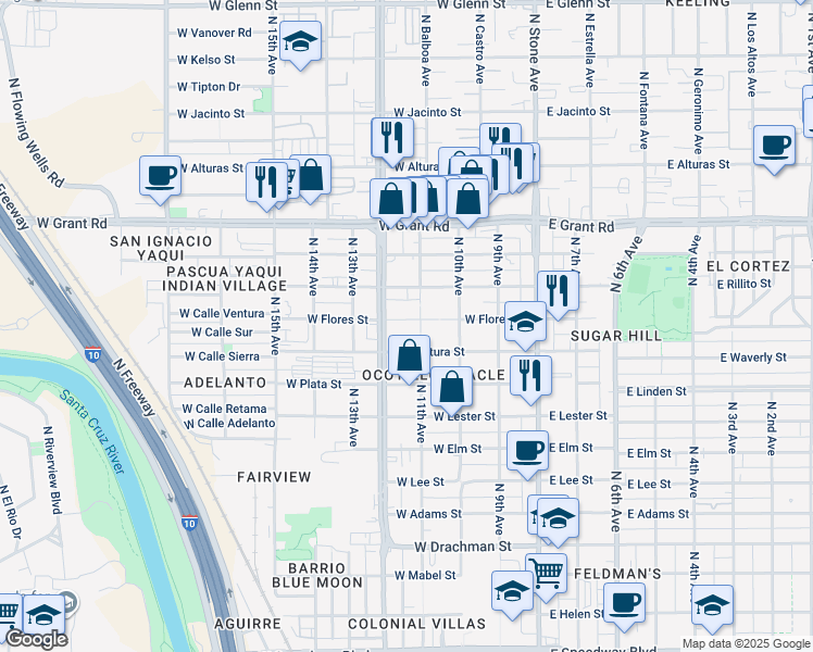 map of restaurants, bars, coffee shops, grocery stores, and more near 2104 West Flores Street in Tucson