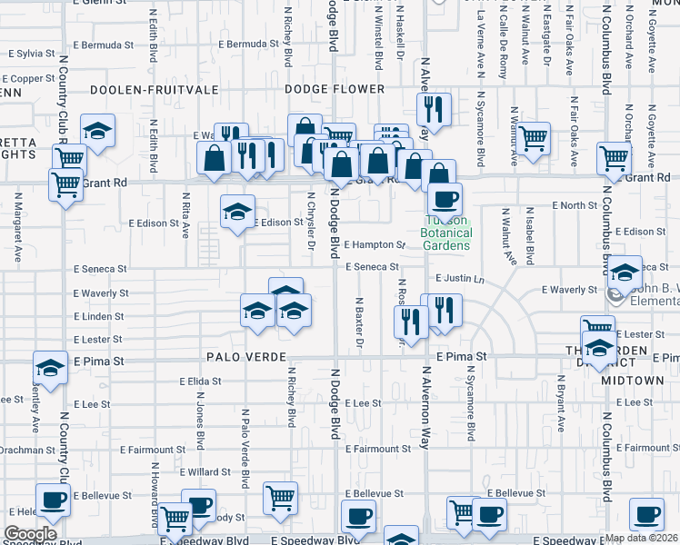 map of restaurants, bars, coffee shops, grocery stores, and more near 2101 North Dodge Boulevard in Tucson