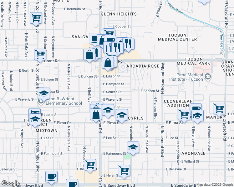 map of restaurants, bars, coffee shops, grocery stores, and more near 4802 East Seneca Street in Tucson