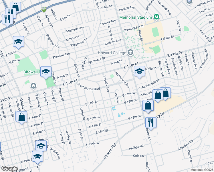 map of restaurants, bars, coffee shops, grocery stores, and more near 501 Washington Boulevard in Big Spring