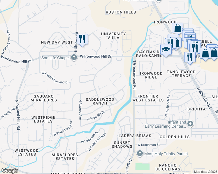 map of restaurants, bars, coffee shops, grocery stores, and more near 2105 North Jacamar Lane in Tucson