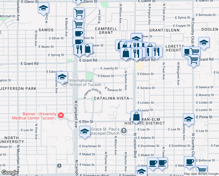 map of restaurants, bars, coffee shops, grocery stores, and more near 2301 East Seneca Street in Tucson