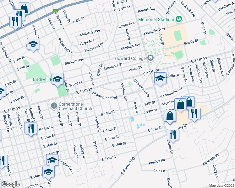 map of restaurants, bars, coffee shops, grocery stores, and more near 403 Washington Boulevard in Big Spring