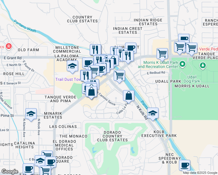 map of restaurants, bars, coffee shops, grocery stores, and more near 6632 East Tanque Verde Road in Tucson