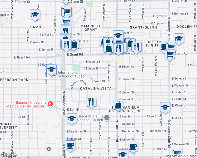 map of restaurants, bars, coffee shops, grocery stores, and more near 2301 East Seneca Street in Tucson