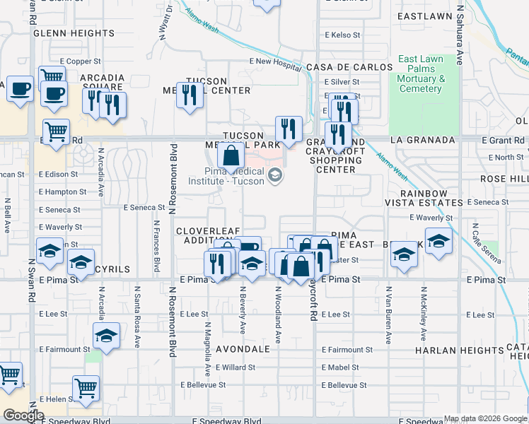 map of restaurants, bars, coffee shops, grocery stores, and more near 5341 East Peach Street in Tucson