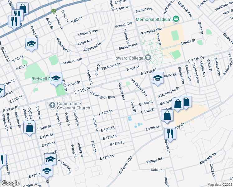 map of restaurants, bars, coffee shops, grocery stores, and more near 403 Washington Boulevard in Big Spring