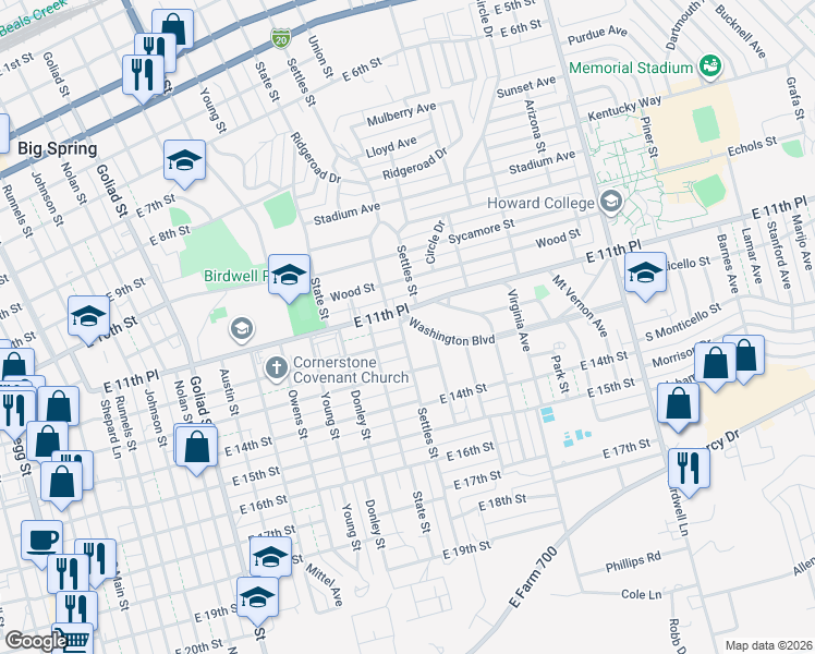 map of restaurants, bars, coffee shops, grocery stores, and more near 105 Washington Boulevard in Big Spring