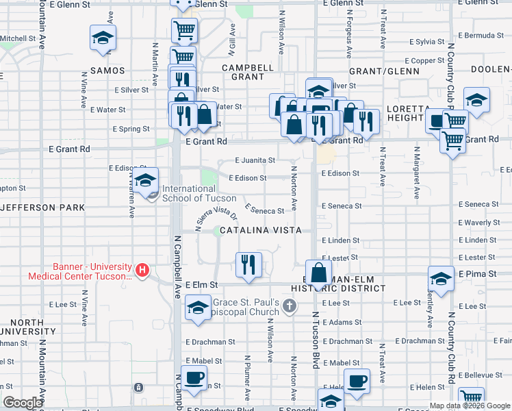 map of restaurants, bars, coffee shops, grocery stores, and more near 2301 East Seneca Street in Tucson