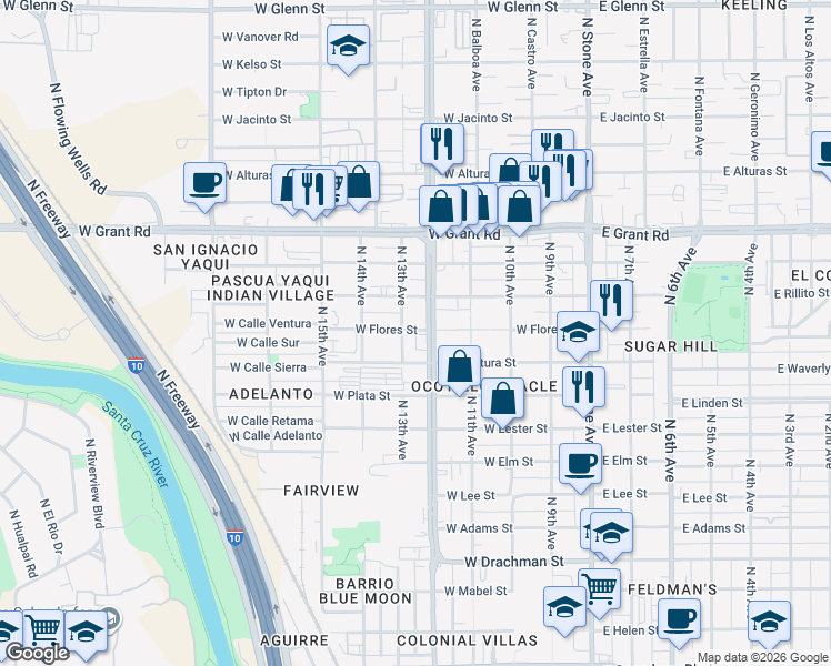 map of restaurants, bars, coffee shops, grocery stores, and more near 2031 North Oracle Road in Tucson