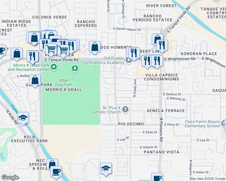 map of restaurants, bars, coffee shops, grocery stores, and more near 2011 North Camino Pío Décimo in Tucson