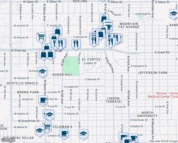 map of restaurants, bars, coffee shops, grocery stores, and more near 2102 N 3rd Ave in Tucson